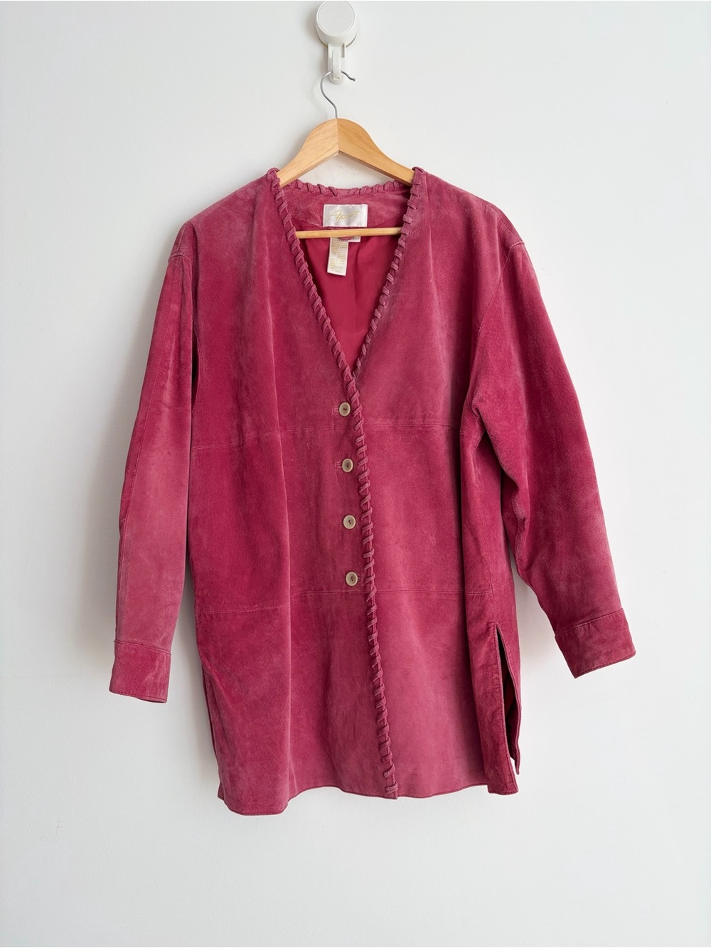 Vintage 90s Apart Raspberry Suede Leather Whipstitch Cowgirl Core Coat L